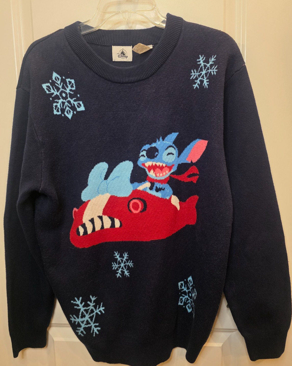Disney Snowflake Christmas Knit Sweater Unisex M Navy Stitch Airplane Holiday